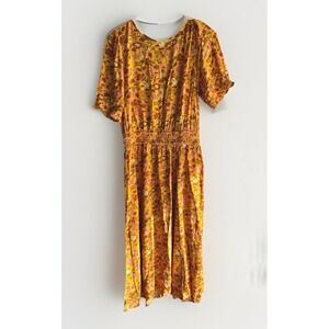 Floral Print Dress Smocked Waist Yellow Pink Rust Short Sleeve CasualFeminine